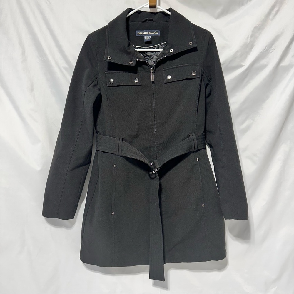 Kristen Blake Black Trench Coat with Belt | Classic Tie-Waist Outerwear sz S